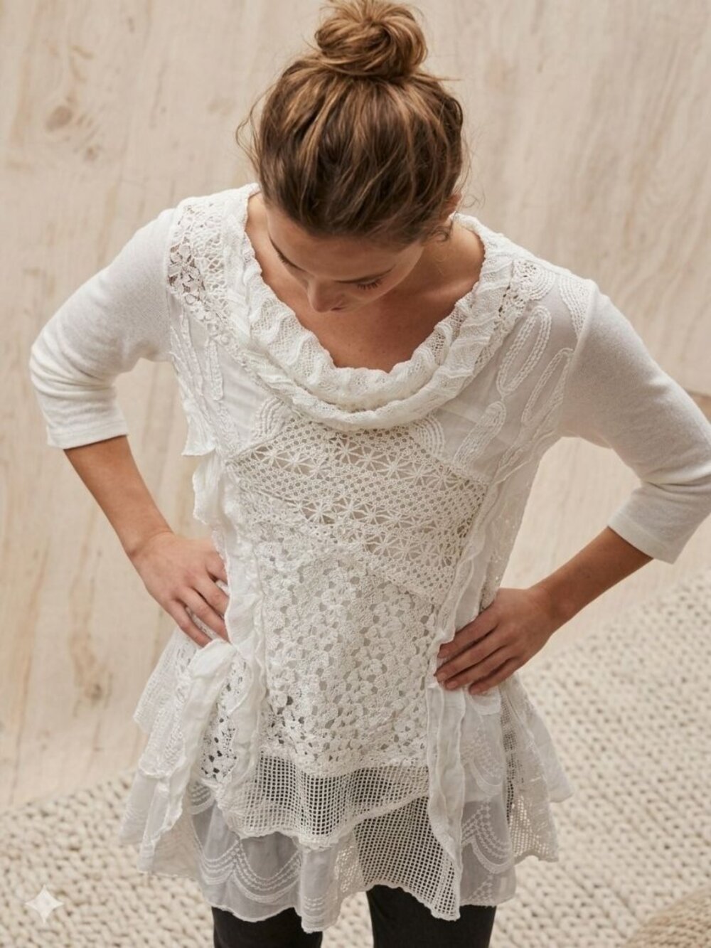 Ali Miles White Crochet Lace Tunic Top L Asymmetrical Hem Boho Artsy Lagenlook